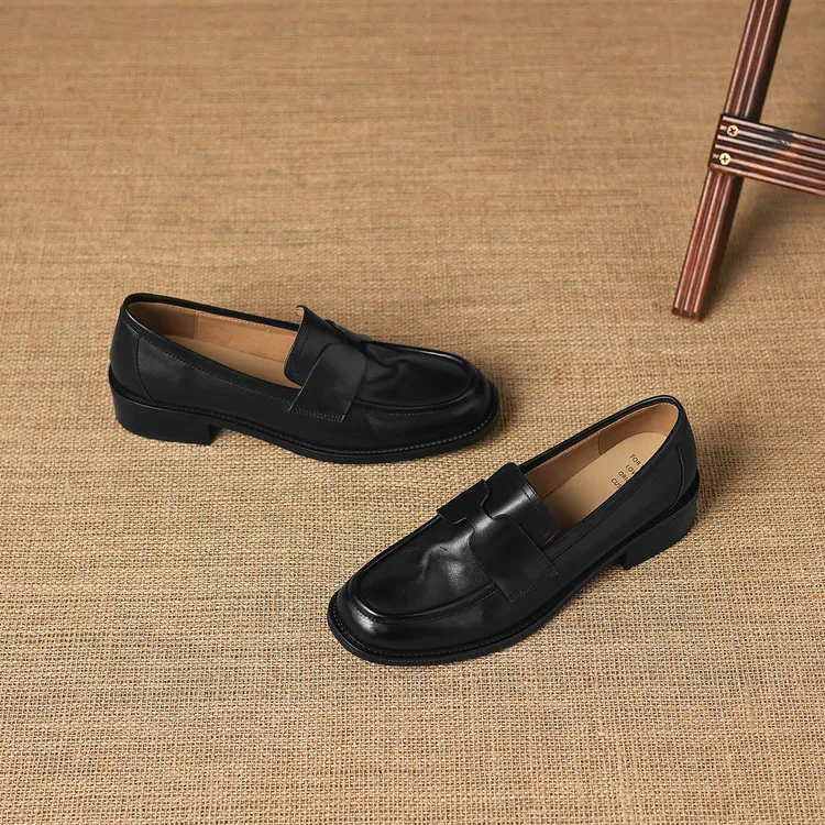 Early spring single shoes, round toe, chunky heel, low heel, deep mouth, cowhide loafers, women's 1-6h
