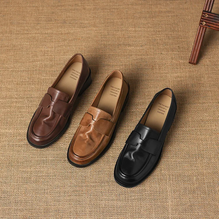 Early spring single shoes, round toe, chunky heel, low heel, deep mouth, cowhide loafers, women's 1-6h