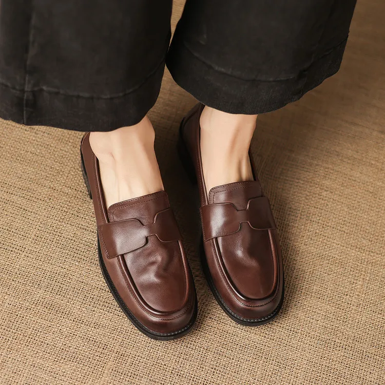 Early spring single shoes, round toe, chunky heel, low heel, deep mouth, cowhide loafers, women's 1-6h