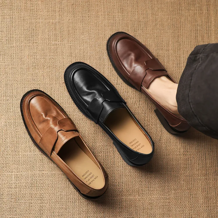 Early spring single shoes, round toe, chunky heel, low heel, deep mouth, cowhide loafers, women's 1-6h