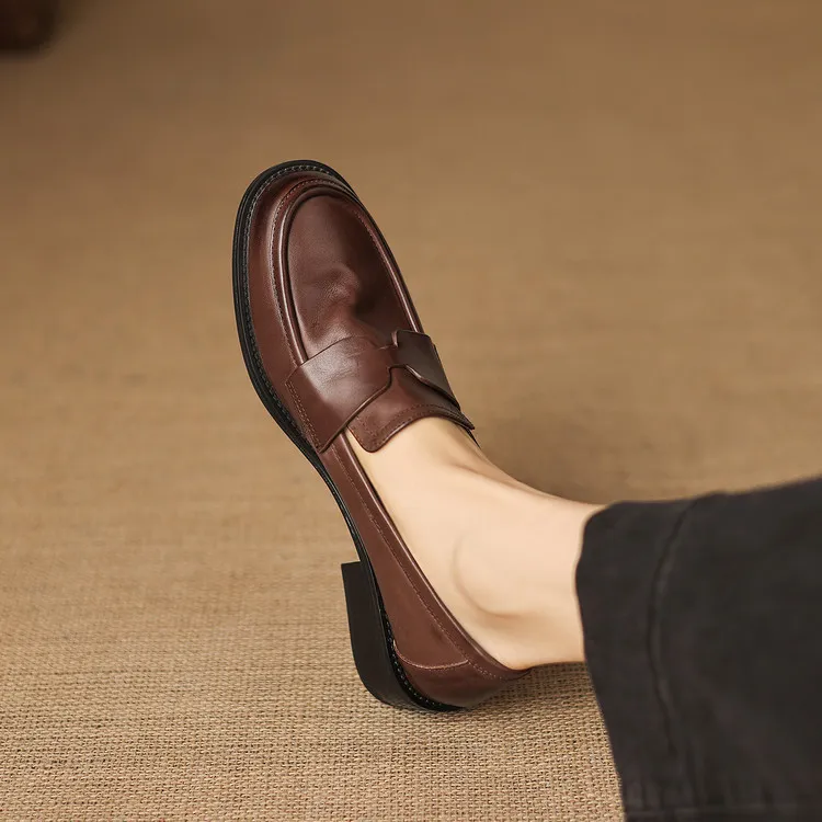 Early spring single shoes, round toe, chunky heel, low heel, deep mouth, cowhide loafers, women's 1-6h