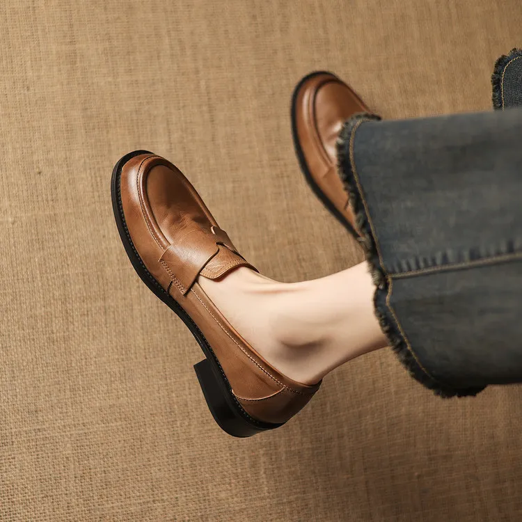 Early spring single shoes, round toe, chunky heel, low heel, deep mouth, cowhide loafers, women's 1-6h