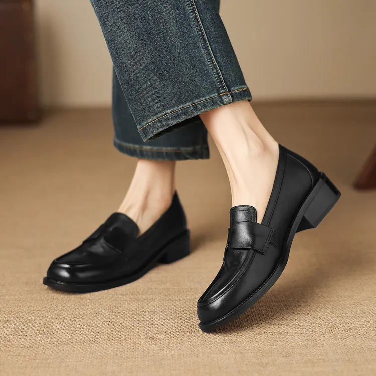 Early spring single shoes, round toe, chunky heel, low heel, deep mouth, cowhide loafers, women's 1-6h