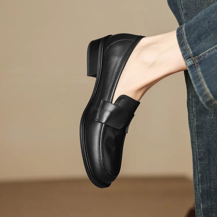 Early spring single shoes, round toe, chunky heel, low heel, deep mouth, cowhide loafers, women's 1-6h