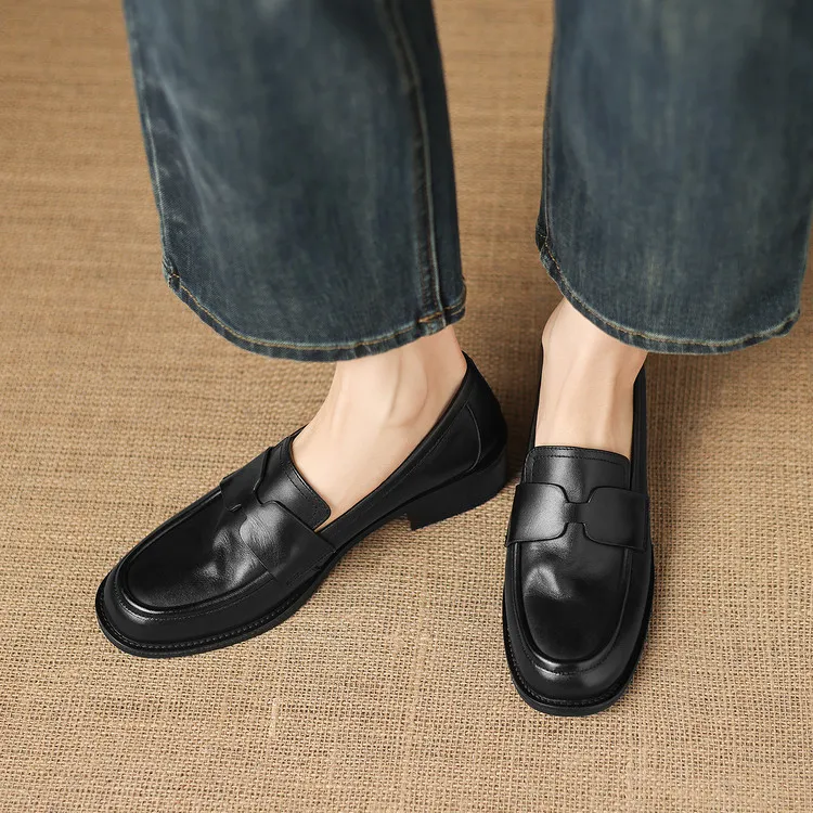 Early spring single shoes, round toe, chunky heel, low heel, deep mouth, cowhide loafers, women's 1-6h