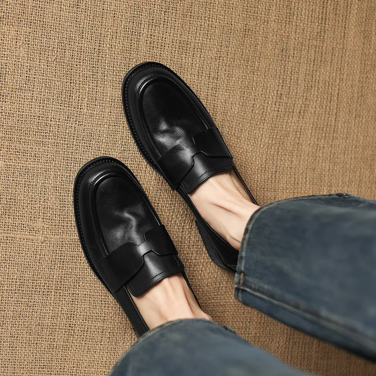 Early spring single shoes, round toe, chunky heel, low heel, deep mouth, cowhide loafers, women's 1-6h