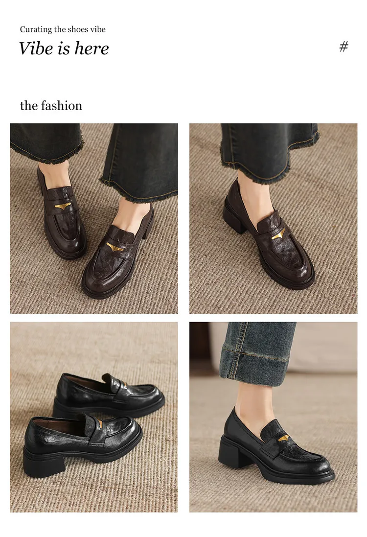 Women's early spring slip-on loafers with round toe, thick sole, chunky heel, and high heels, size 1-6F, plus size 40.