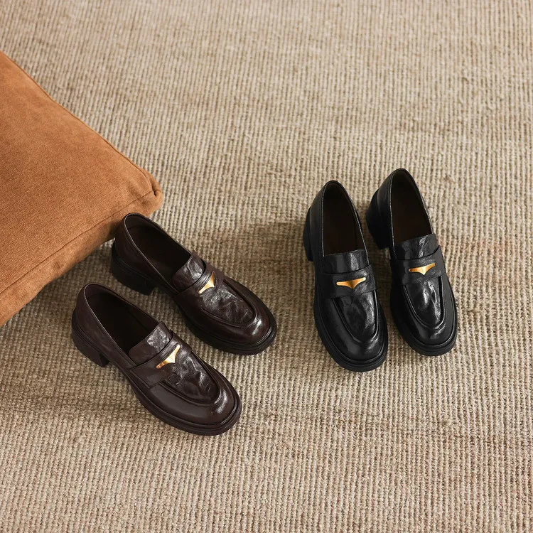 Women's early spring slip-on loafers with round toe, thick sole, chunky heel, and high heels, size 1-6F, plus size 40.