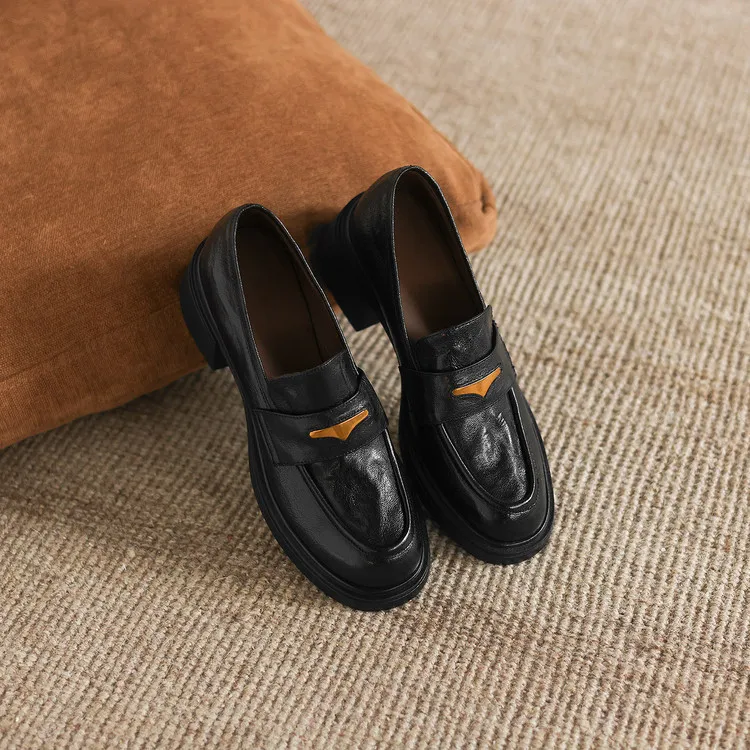 Women's early spring slip-on loafers with round toe, thick sole, chunky heel, and high heels, size 1-6F, plus size 40.