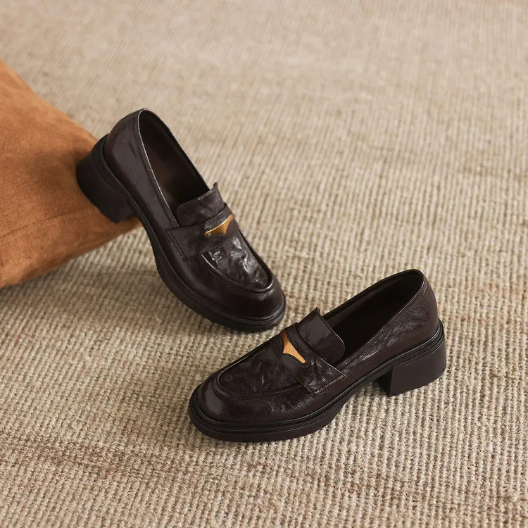 Women's early spring slip-on loafers with round toe, thick sole, chunky heel, and high heels, size 1-6F, plus size 40.
