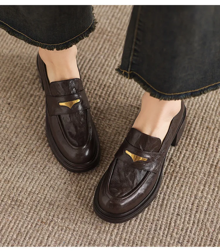 Women's early spring slip-on loafers with round toe, thick sole, chunky heel, and high heels, size 1-6F, plus size 40.