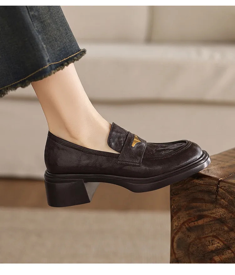 Women's early spring slip-on loafers with round toe, thick sole, chunky heel, and high heels, size 1-6F, plus size 40.