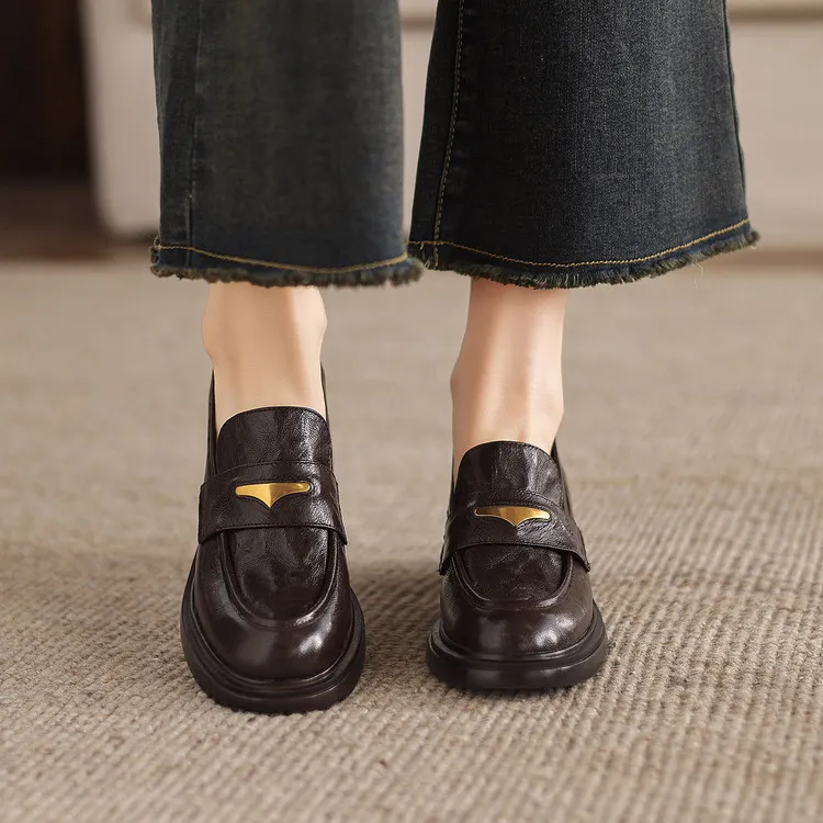Women's early spring slip-on loafers with round toe, thick sole, chunky heel, and high heels, size 1-6F, plus size 40.