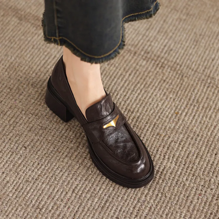 Women's early spring slip-on loafers with round toe, thick sole, chunky heel, and high heels, size 1-6F, plus size 40.