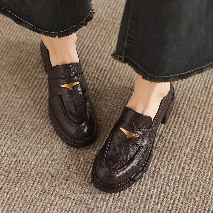 Women's early spring slip-on loafers with round toe, thick sole, chunky heel, and high heels, size 1-6F, plus size 40.