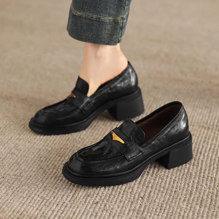 Women's early spring slip-on loafers with round toe, thick sole, chunky heel, and high heels, size 1-6F, plus size 40.