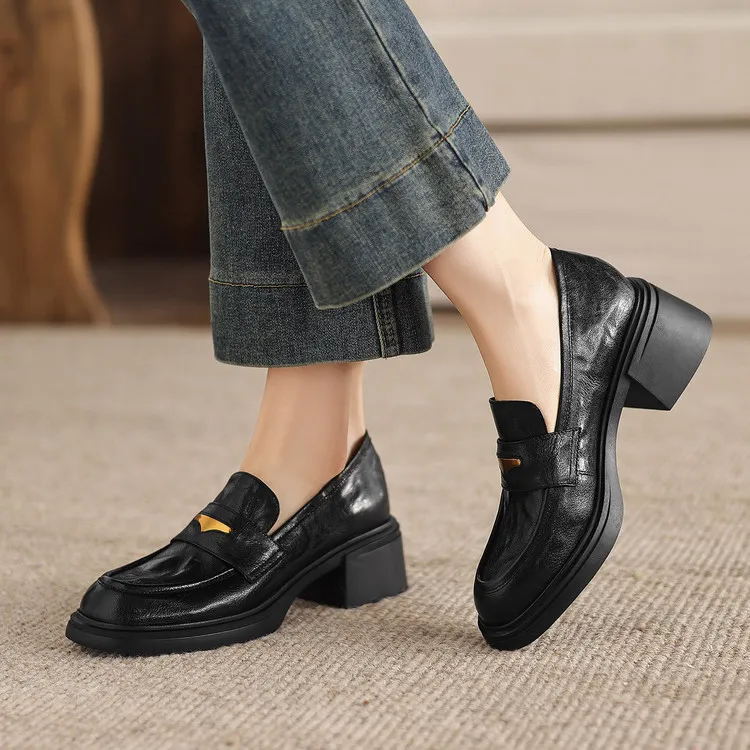 Women's early spring slip-on loafers with round toe, thick sole, chunky heel, and high heels, size 1-6F, plus size 40.