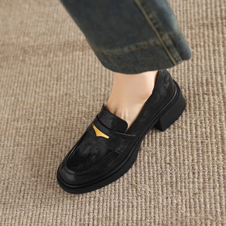 Women's early spring slip-on loafers with round toe, thick sole, chunky heel, and high heels, size 1-6F, plus size 40.