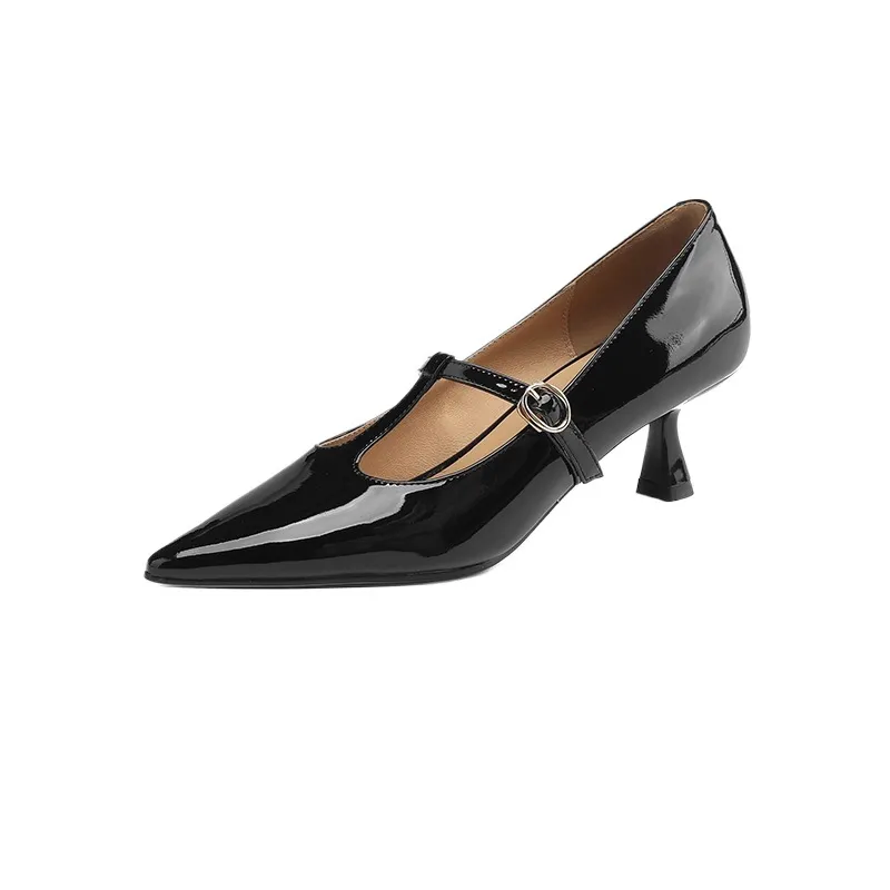 T-strap Mary Jane shoes, patent leather high heels, spring and autumn stiletto pointed toe low-cut women's shoes.