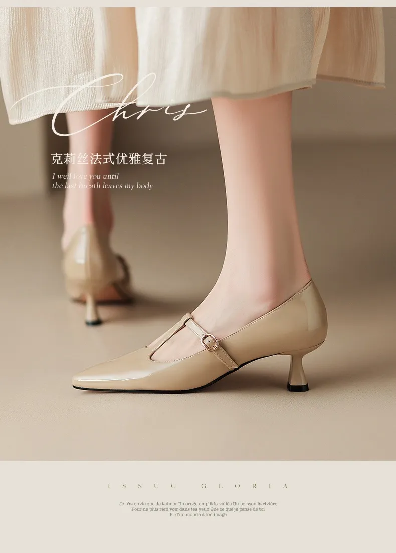 T-strap Mary Jane shoes, patent leather high heels, spring and autumn stiletto pointed toe low-cut women's shoes.