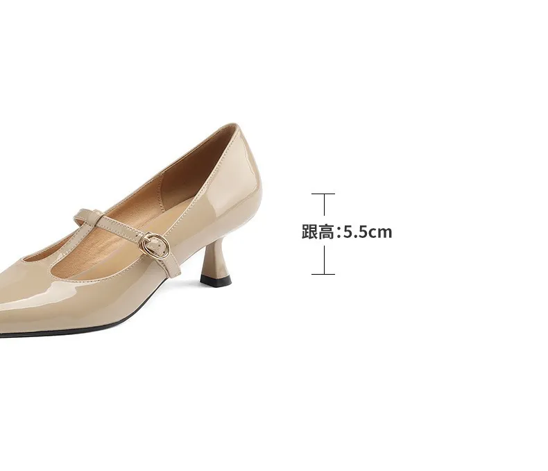 T-strap Mary Jane shoes, patent leather high heels, spring and autumn stiletto pointed toe low-cut women's shoes.