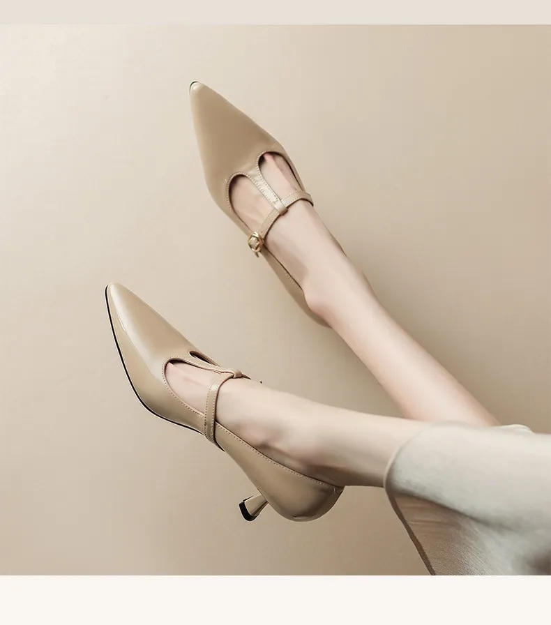 T-strap Mary Jane shoes, patent leather high heels, spring and autumn stiletto pointed toe low-cut women's shoes.