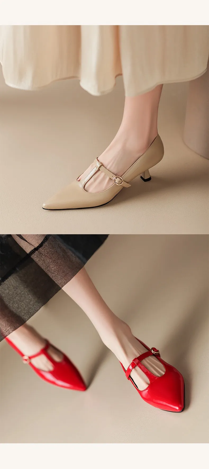 T-strap Mary Jane shoes, patent leather high heels, spring and autumn stiletto pointed toe low-cut women's shoes.