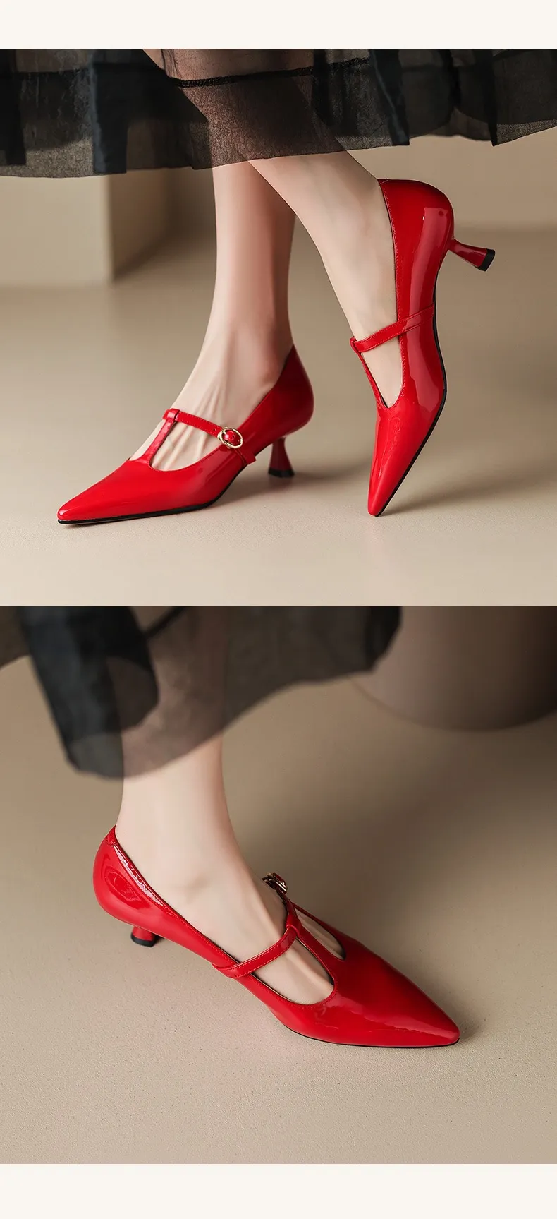 T-strap Mary Jane shoes, patent leather high heels, spring and autumn stiletto pointed toe low-cut women's shoes.