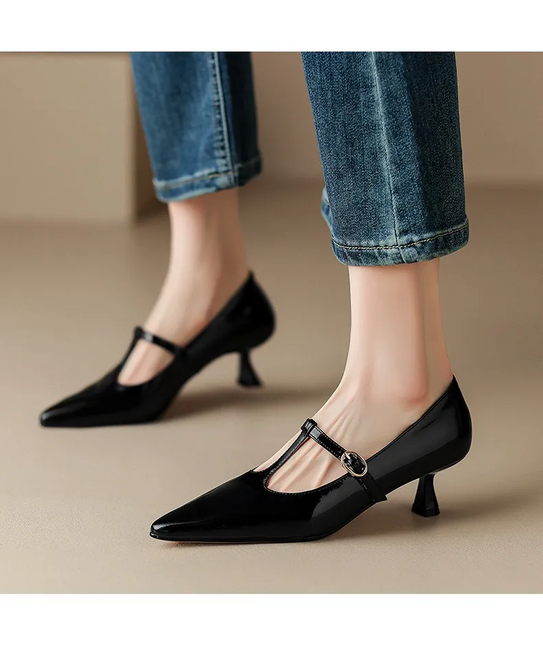 T-strap Mary Jane shoes, patent leather high heels, spring and autumn stiletto pointed toe low-cut women's shoes.