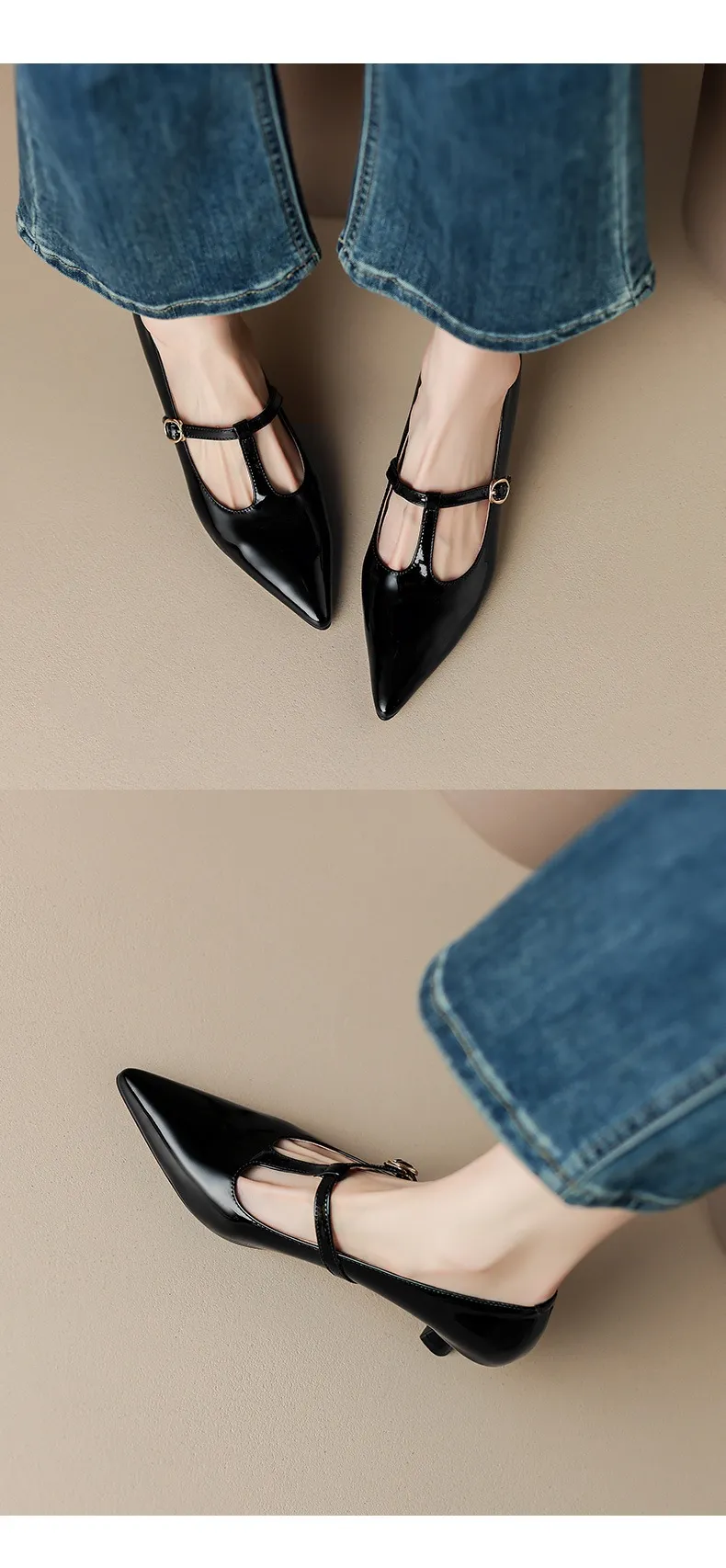 T-strap Mary Jane shoes, patent leather high heels, spring and autumn stiletto pointed toe low-cut women's shoes.