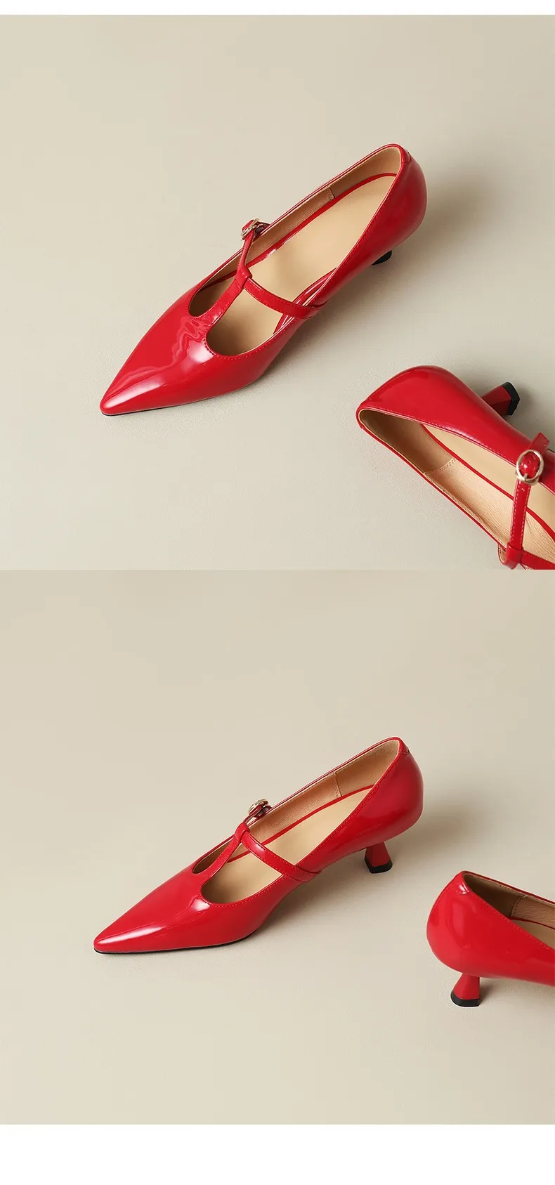 T-strap Mary Jane shoes, patent leather high heels, spring and autumn stiletto pointed toe low-cut women's shoes.