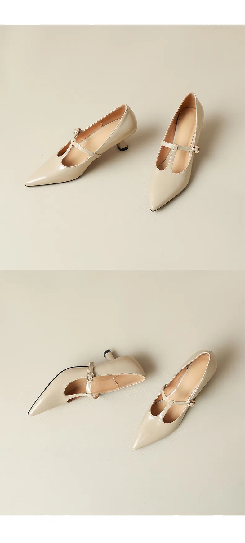 T-strap Mary Jane shoes, patent leather high heels, spring and autumn stiletto pointed toe low-cut women's shoes.