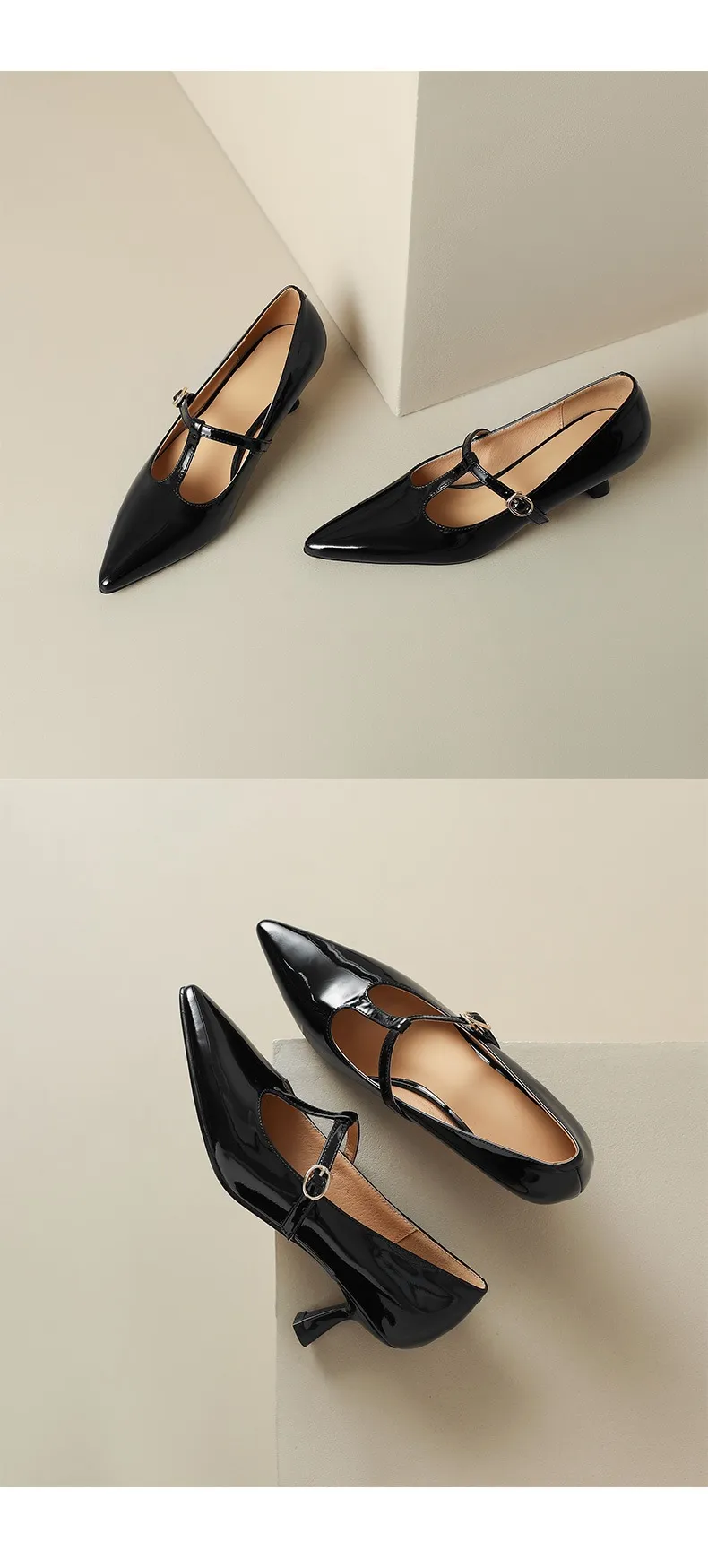 T-strap Mary Jane shoes, patent leather high heels, spring and autumn stiletto pointed toe low-cut women's shoes.