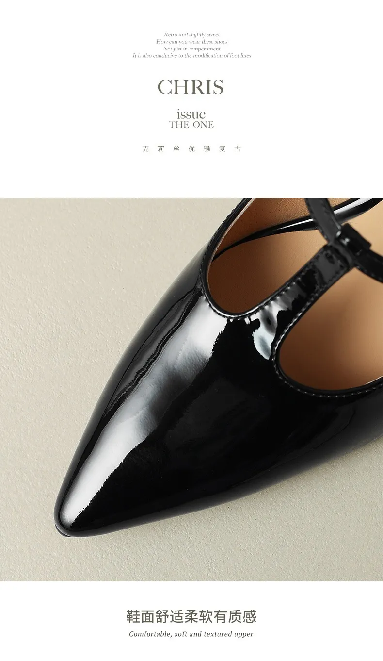 T-strap Mary Jane shoes, patent leather high heels, spring and autumn stiletto pointed toe low-cut women's shoes.