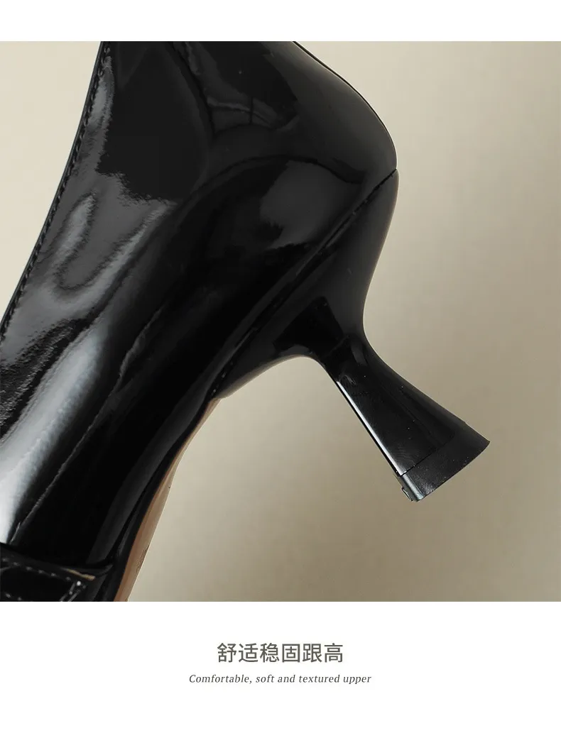 T-strap Mary Jane shoes, patent leather high heels, spring and autumn stiletto pointed toe low-cut women's shoes.