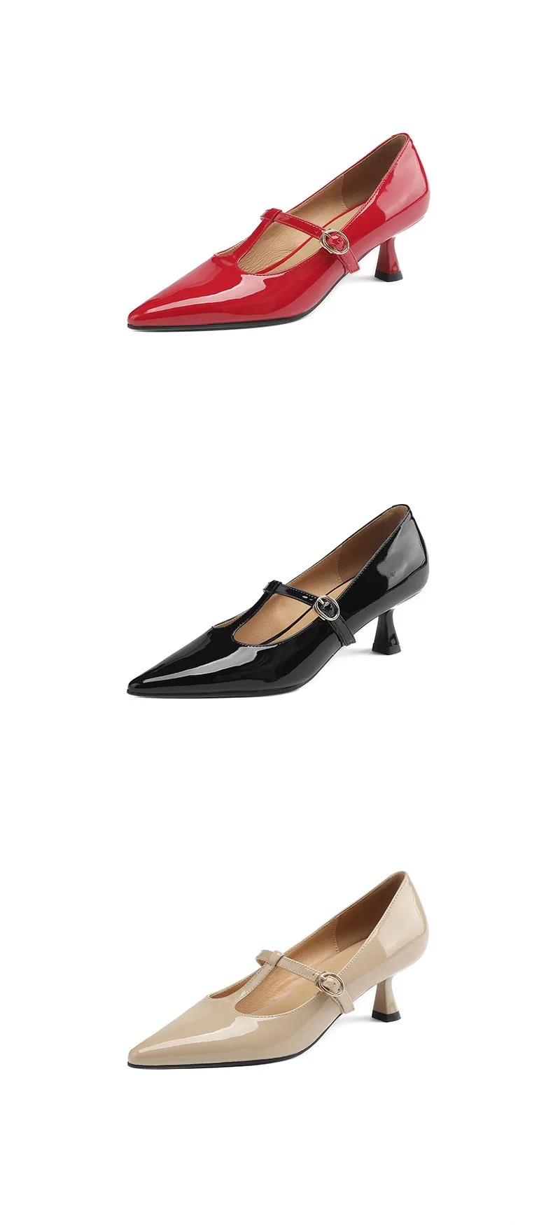 T-strap Mary Jane shoes, patent leather high heels, spring and autumn stiletto pointed toe low-cut women's shoes.