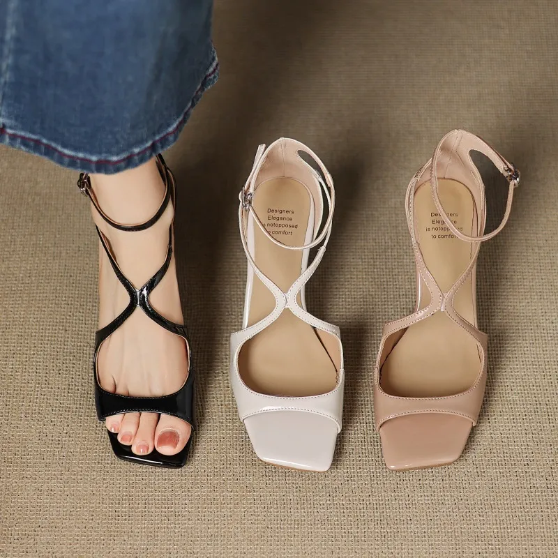Sexy 7cm stiletto sandals with a single buckle strap for women, summer patent leather, square toe, open toe, high heels for petite women.