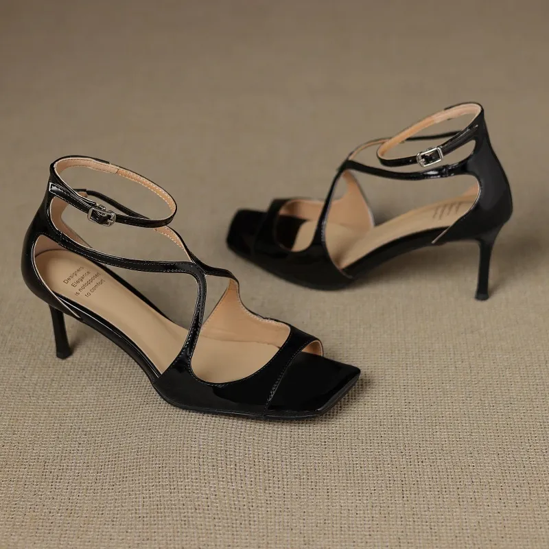 Sexy 7cm stiletto sandals with a single buckle strap for women, summer patent leather, square toe, open toe, high heels for petite women.