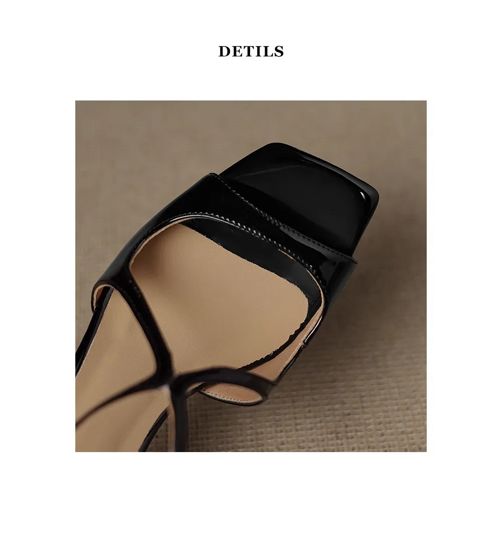 Sexy 7cm stiletto sandals with a single buckle strap for women, summer patent leather, square toe, open toe, high heels for petite women.