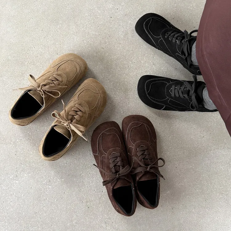 Early spring single shoes, round toe, lace-up, flat, cowhide, comfortable women's shoes, 1-6s