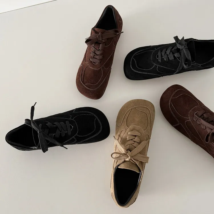 Early spring single shoes, round toe, lace-up, flat, cowhide, comfortable women's shoes, 1-6s
