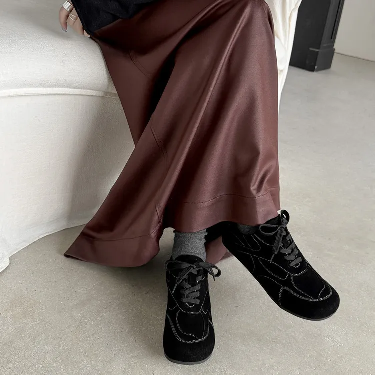 Early spring single shoes, round toe, lace-up, flat, cowhide, comfortable women's shoes, 1-6s