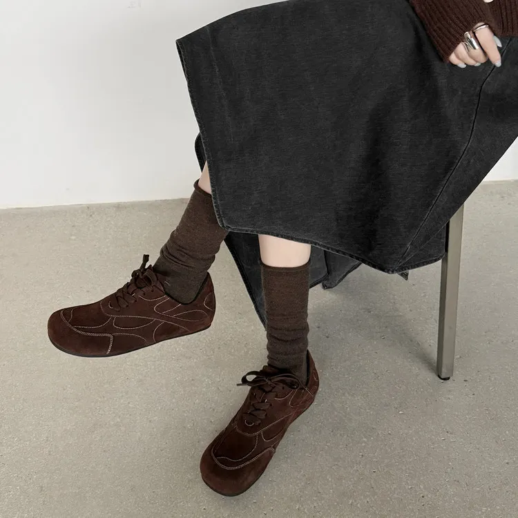 Early spring single shoes, round toe, lace-up, flat, cowhide, comfortable women's shoes, 1-6s