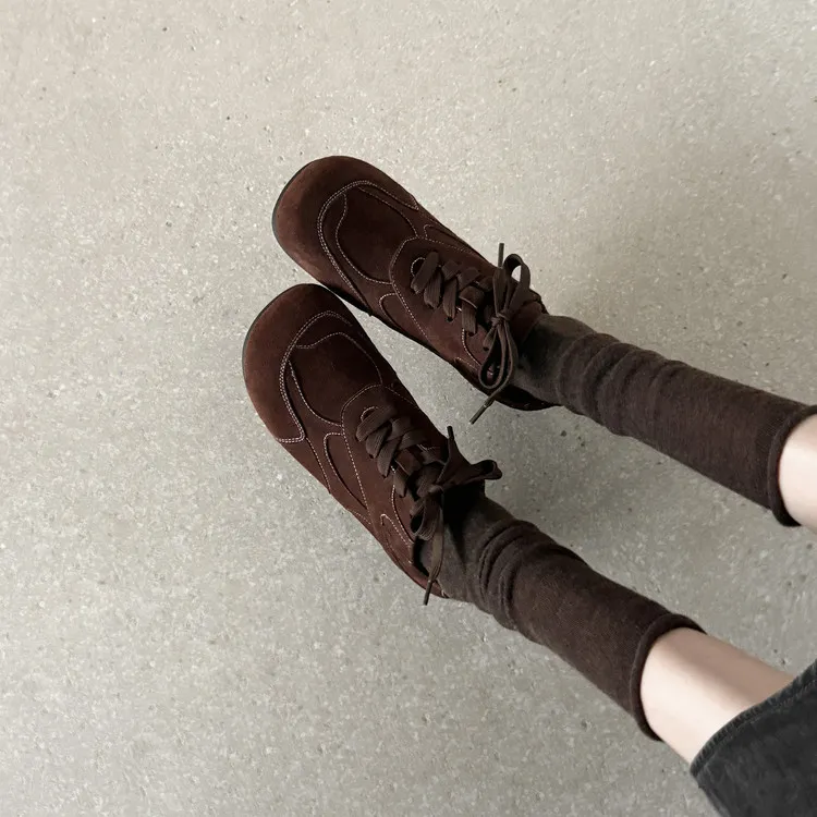 Early spring single shoes, round toe, lace-up, flat, cowhide, comfortable women's shoes, 1-6s