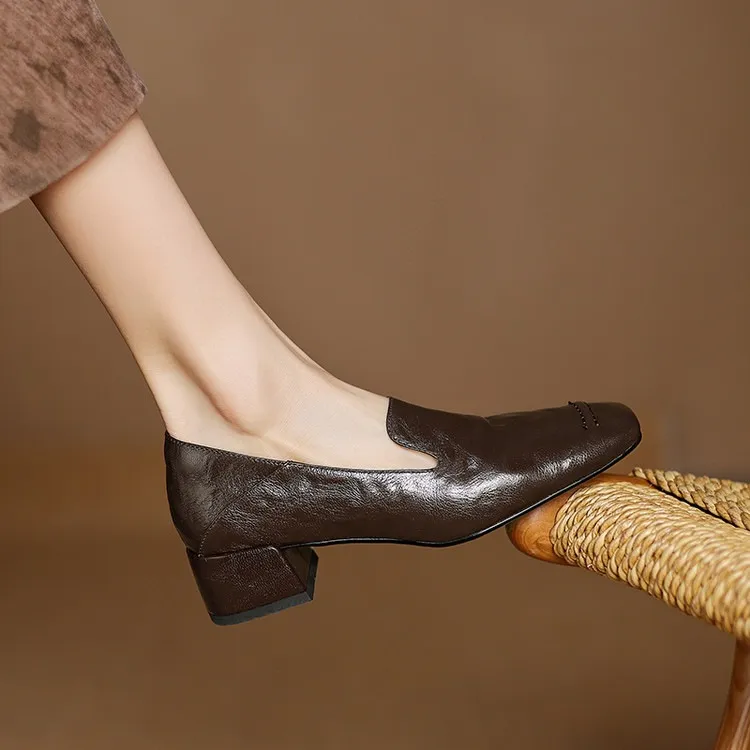 Spring/Autumn Style First Layer Sheepskin Single Shoes, Comfortable 4cm Mid-Heel Block Heel Women's Shoes, Retro Brown/Black, Plus Size