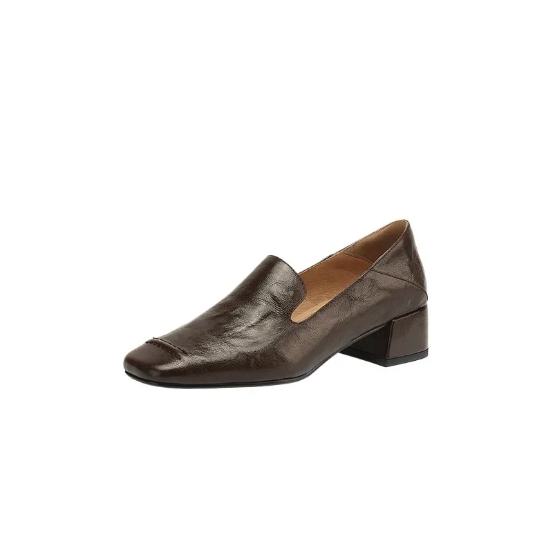 Spring/Autumn Style First Layer Sheepskin Single Shoes, Comfortable 4cm Mid-Heel Block Heel Women's Shoes, Retro Brown/Black, Plus Size