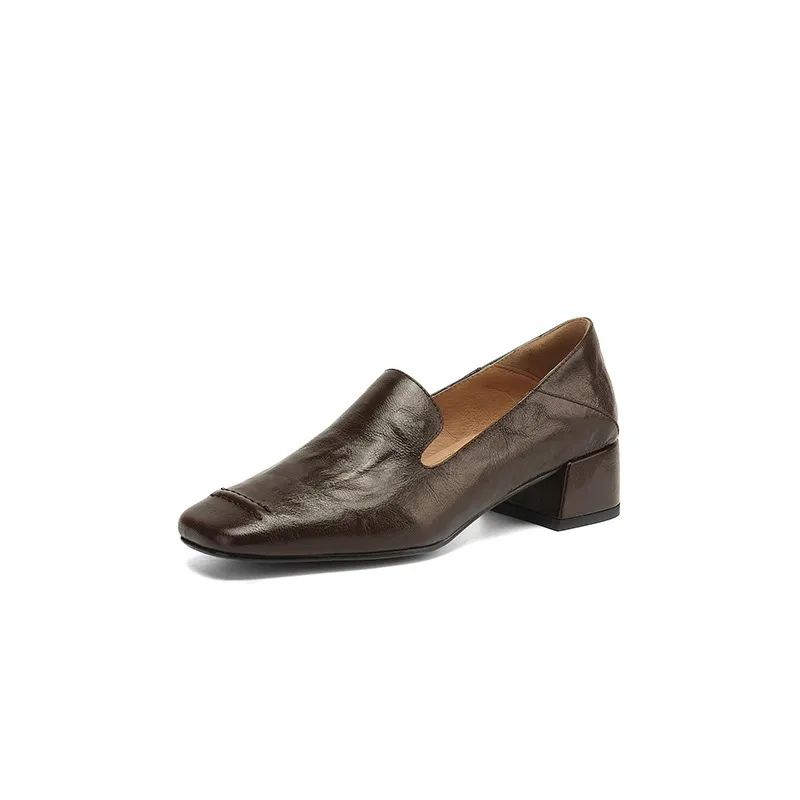 Spring/Autumn Style First Layer Sheepskin Single Shoes, Comfortable 4cm Mid-Heel Block Heel Women's Shoes, Retro Brown/Black, Plus Size