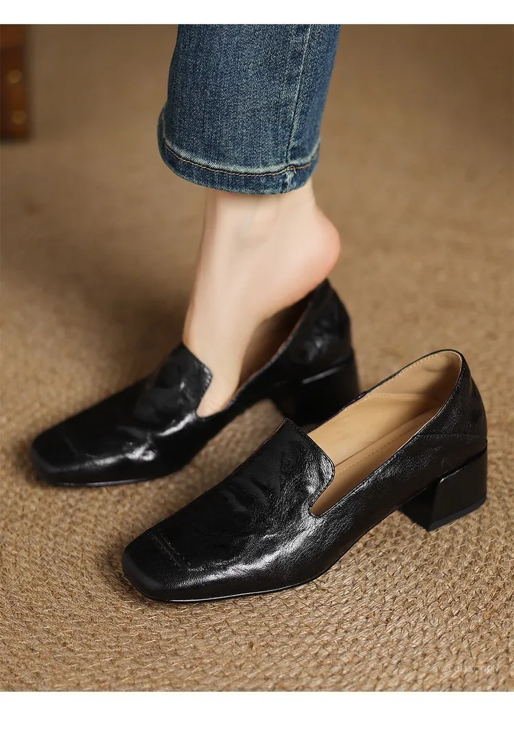 Spring/Autumn Style First Layer Sheepskin Single Shoes, Comfortable 4cm Mid-Heel Block Heel Women's Shoes, Retro Brown/Black, Plus Size