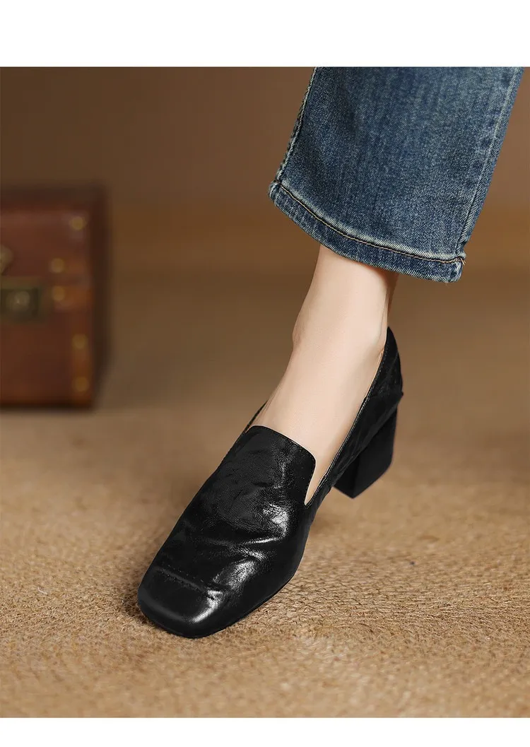 Spring/Autumn Style First Layer Sheepskin Single Shoes, Comfortable 4cm Mid-Heel Block Heel Women's Shoes, Retro Brown/Black, Plus Size