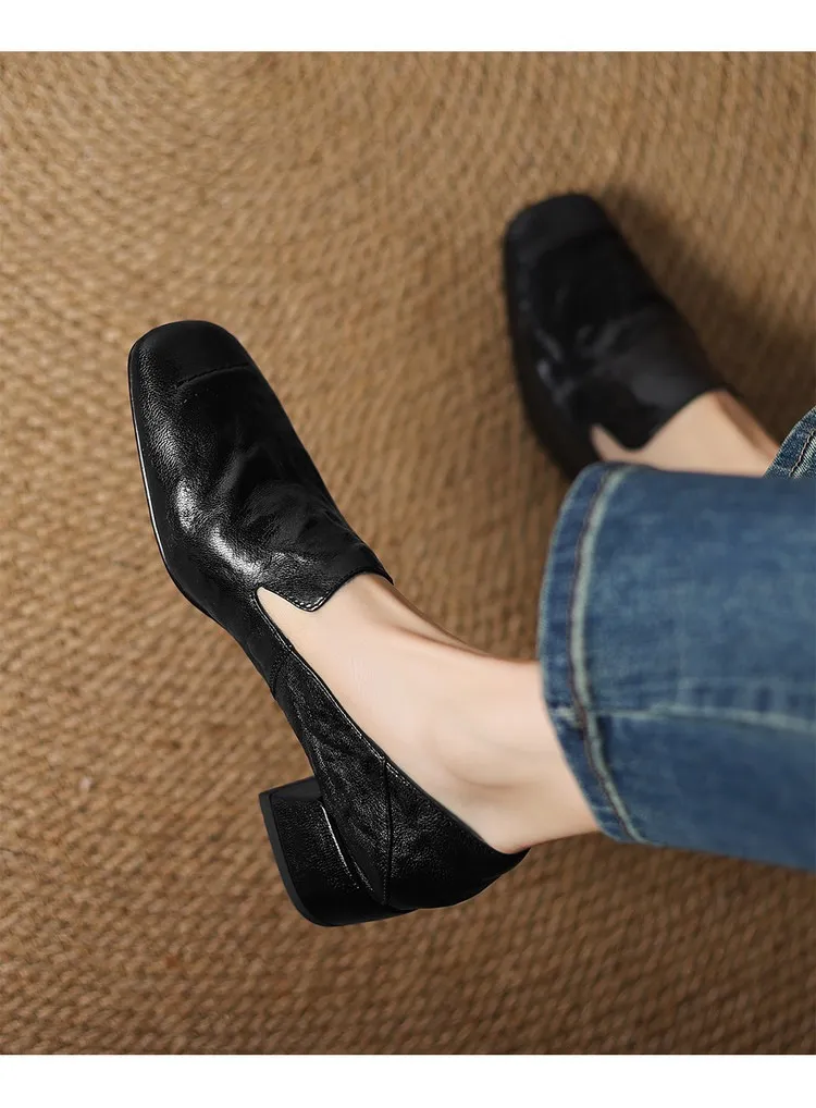 Spring/Autumn Style First Layer Sheepskin Single Shoes, Comfortable 4cm Mid-Heel Block Heel Women's Shoes, Retro Brown/Black, Plus Size